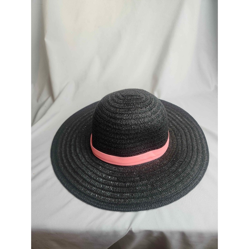 Som-Her Black Wide Brim Straw Sun Hat Coral Pink Ribbon Made in Mexico